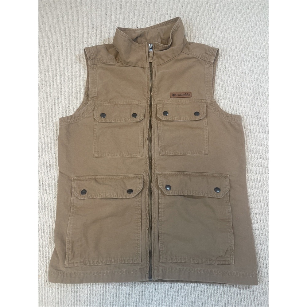 Columbia Vest Mens Small Brown Canvas Utility Cargo Pockets Full Zip Outdoor